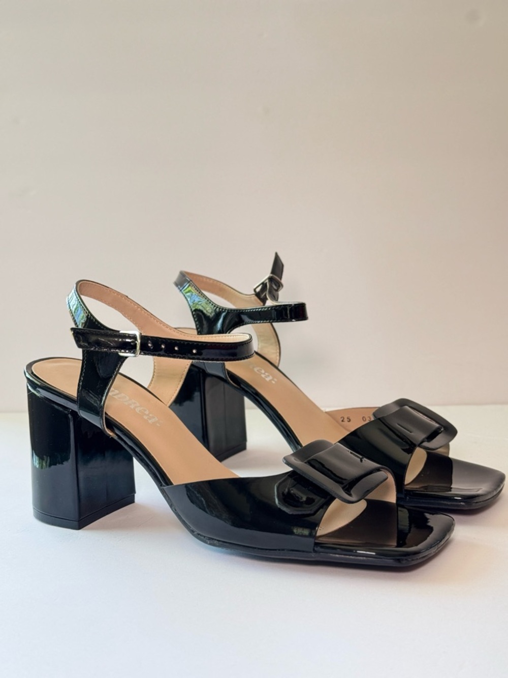 Black Patent Block Heel Sandals with Buckle Accent